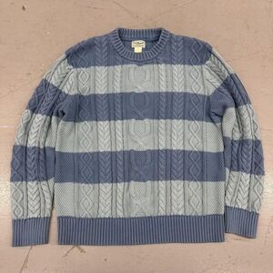 L.L.Bean Sweater Mens Medium Blue Gray Stripe Cable Knit Organic Cotton Crewneck